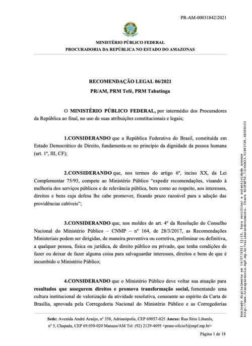 Recomendação nº 06/2021 PR/AM, PRM Tefé, PRM Tabatinga